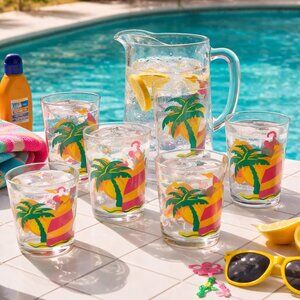 Vintage Tropical Glassware Set – Palm Tree Design – 6 Glasses (Mixed Sizes)